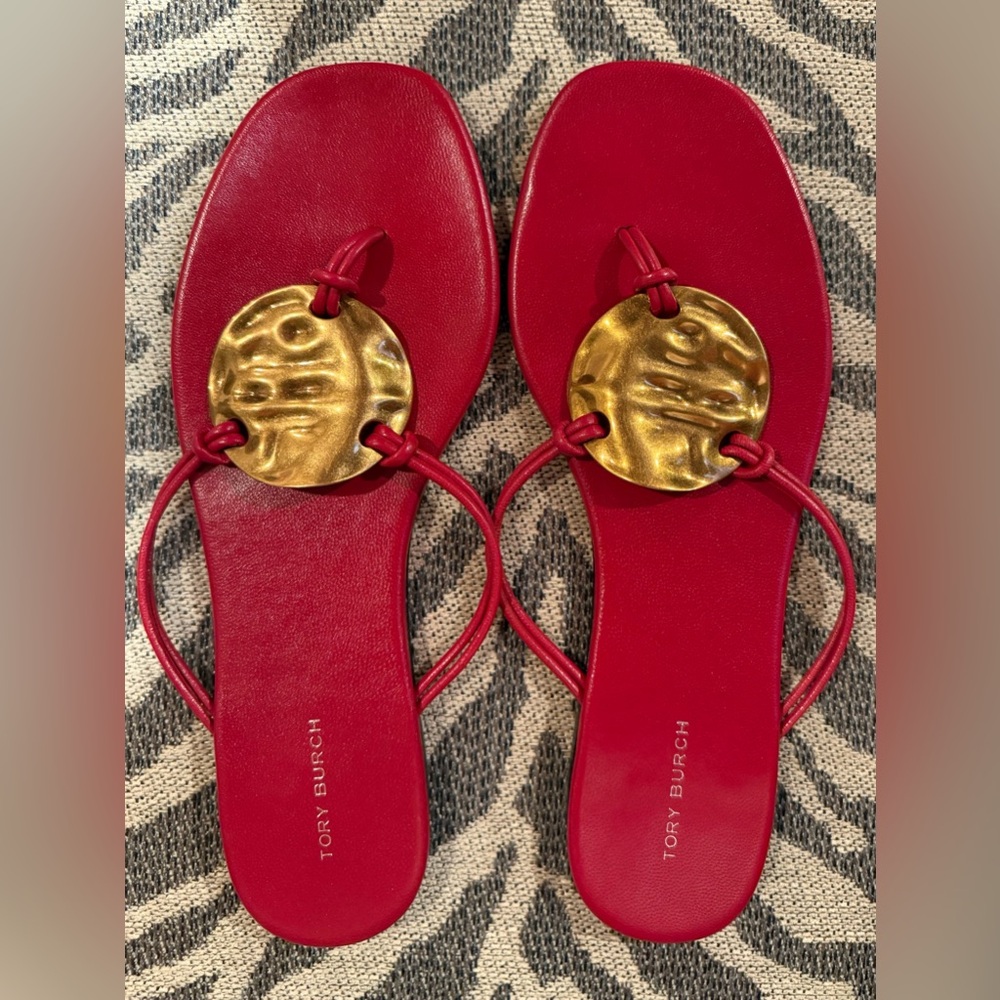 Tory Burch Patos Red Sandal with Gold Hammered Disc Detail Size 8.5M